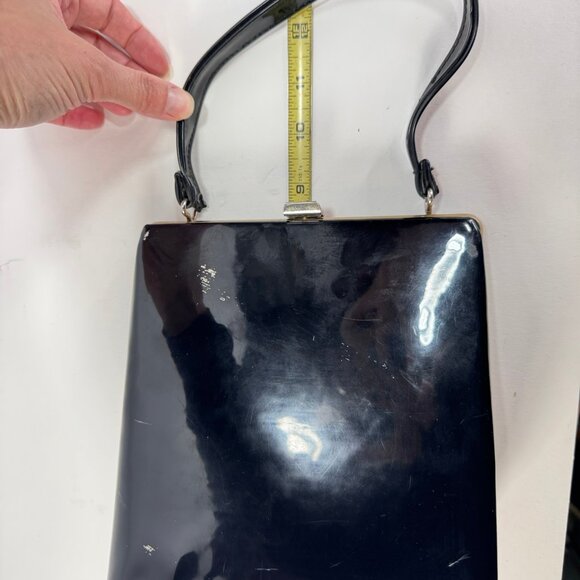 Vintage 1960's Triangle Shape Black Patent Leather Top Closure Handle Purse - Picture 8 of 9